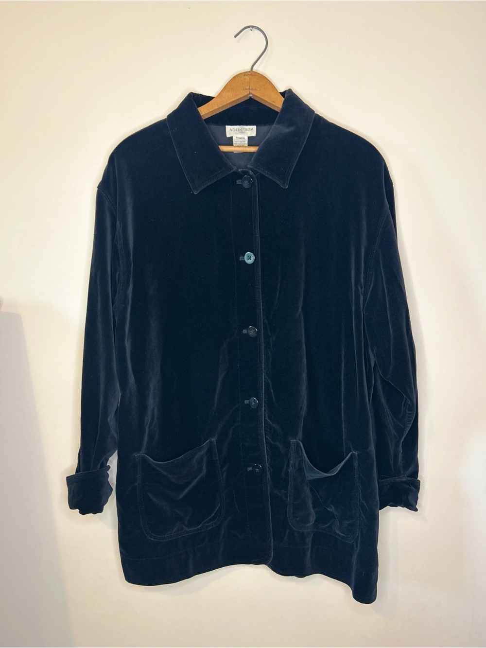 Vintage Nordstrom Black Velvet Button Up Shacket Shirt Jacket 100% Cotton Medium